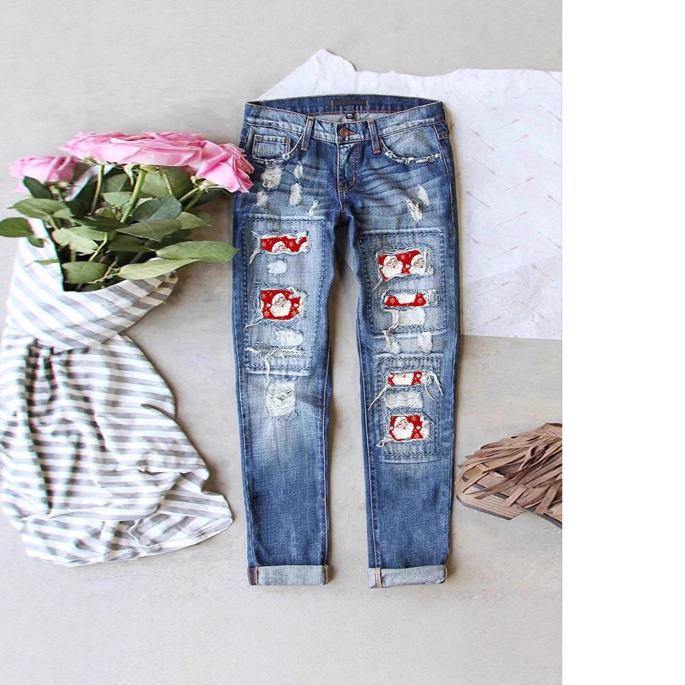 Unique Women's Ripped Print Patch Trousers Jeans