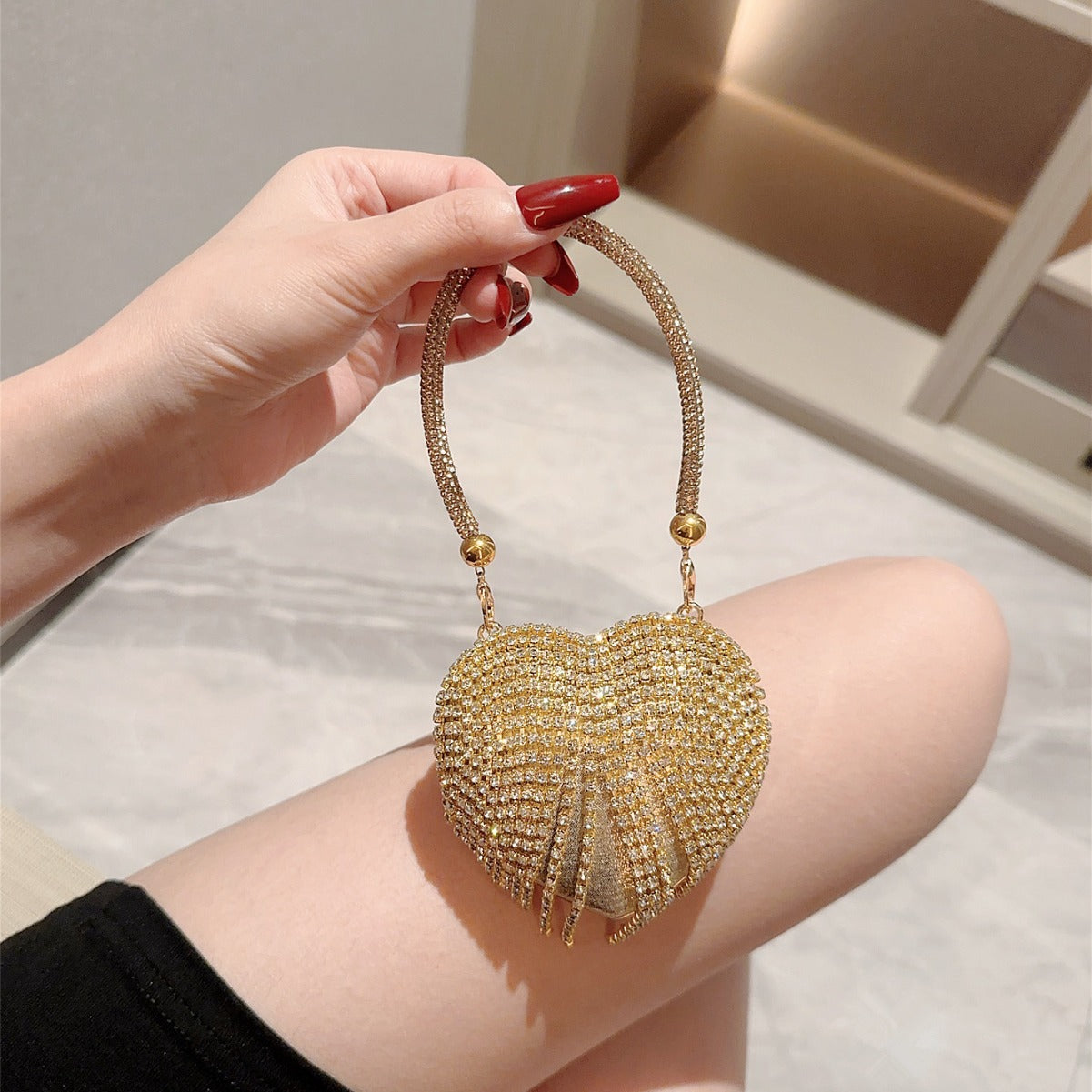 Women's Mini Peach Heart Diamond Dinner Chain Party Evening Bags