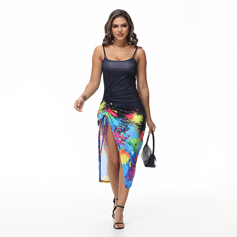 Printing Sexy Slit Drawstring Adjustable Pleating Skirts