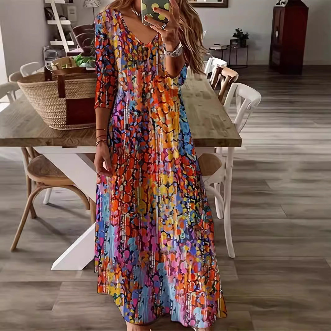 Women's Temperament Printed Long-sleeved Large Swing Dress