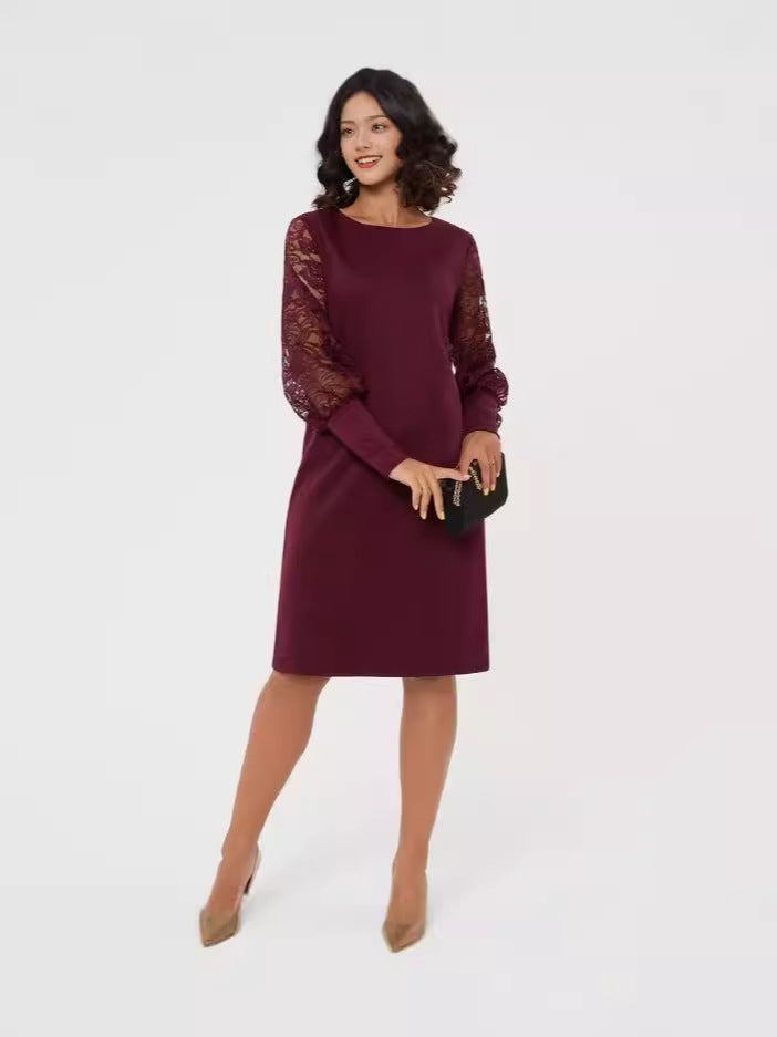Women's Neck Long Sleeve Hollow Lace Slim Dresses