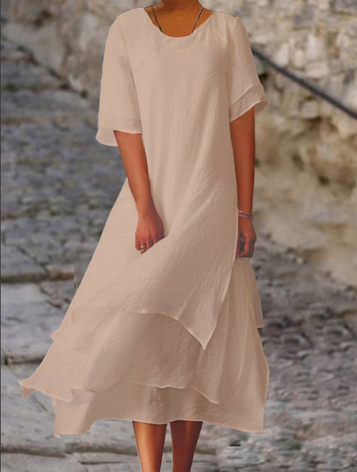 Cotton Linen Color Matching Slit Sleeve Dresses