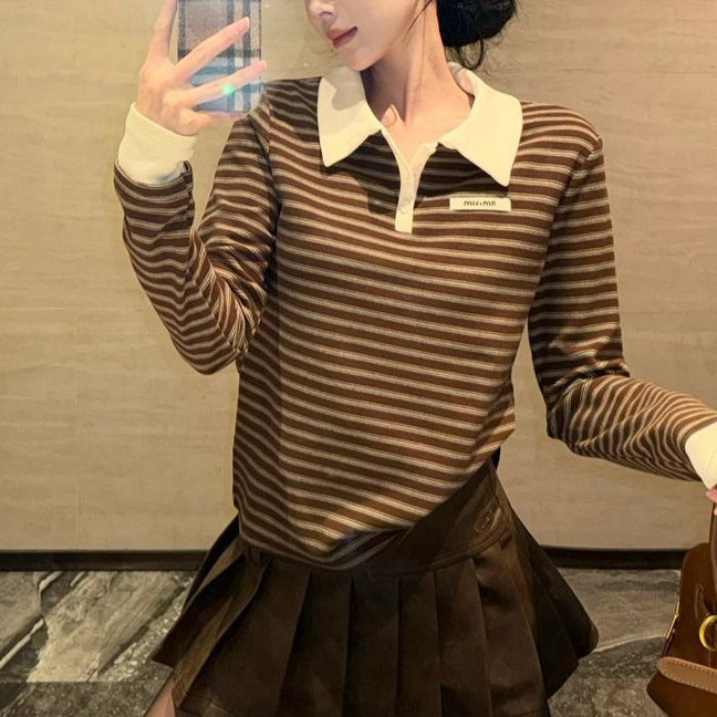 Women's Color Fashionable Art Stripes Brushed Thickened Blouses