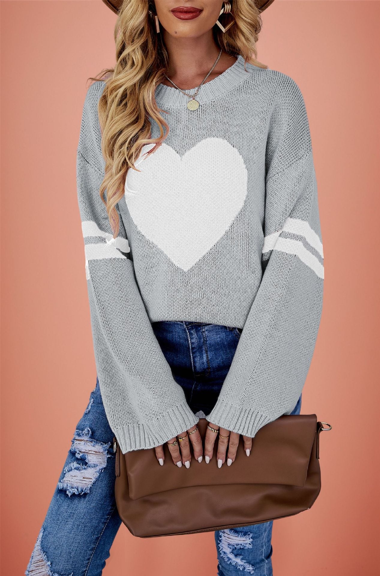 Women's Color Heart Peach Round Neck Valentine's Sweaters