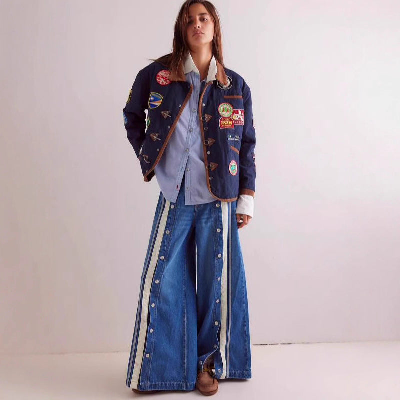 Fashion Retro Characteristic Row Split Color Matching Wide Leg Mopping Women's Jeans