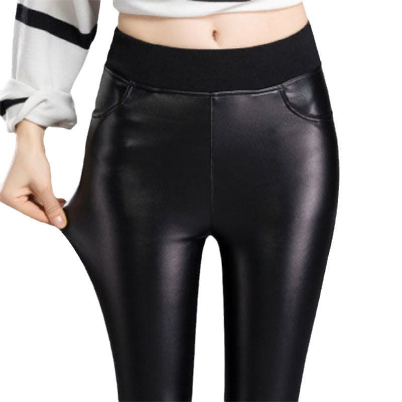 Women's Leather Fleece-lined Thick High Waist Elastic Pants