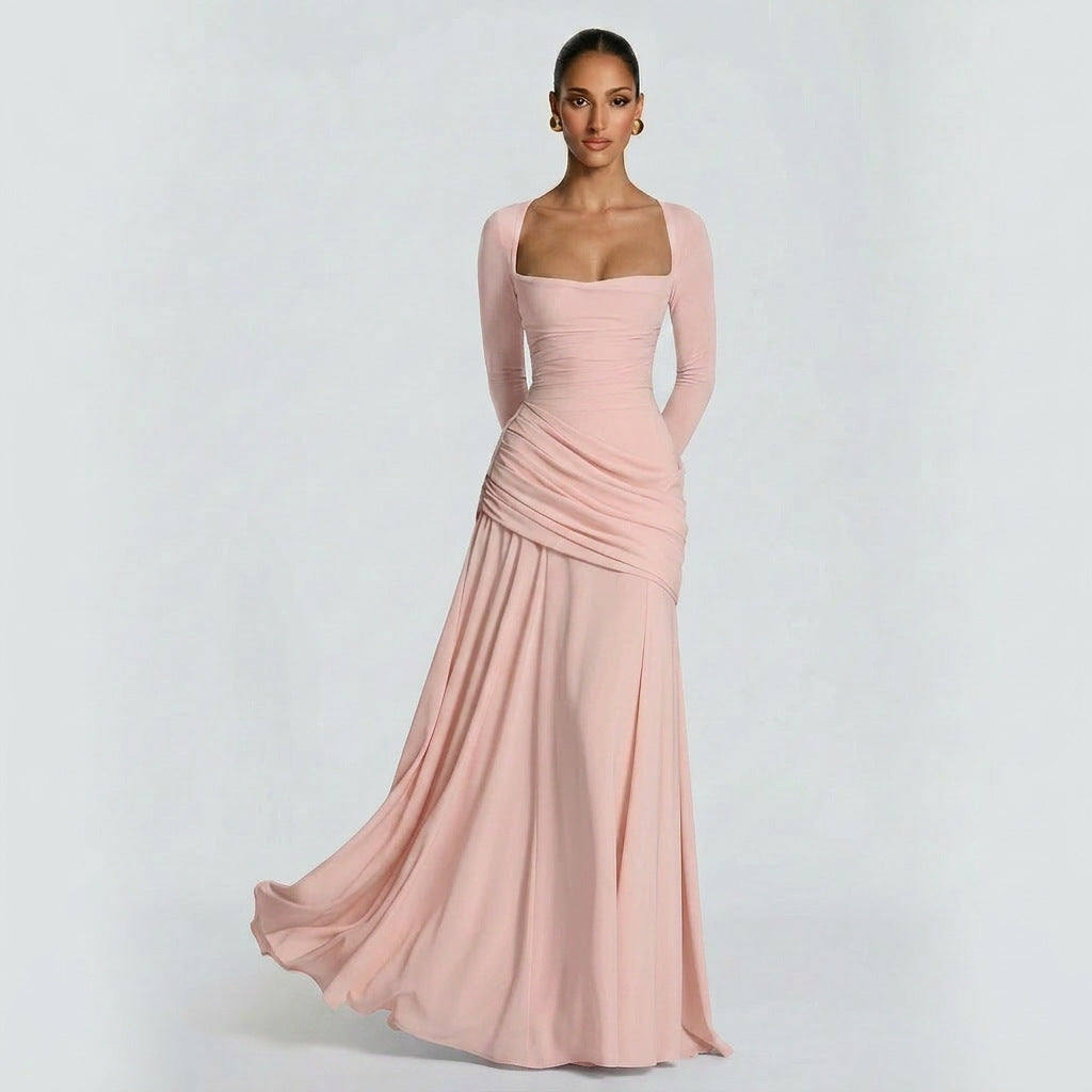 Women's Temperament Pure Color Square Collar Pleated Waist Tight Formal Dress