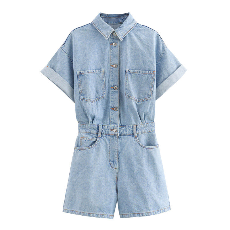 Women's Summer Rollneck Shirt Pocket Decoration Denim Jumpsuits