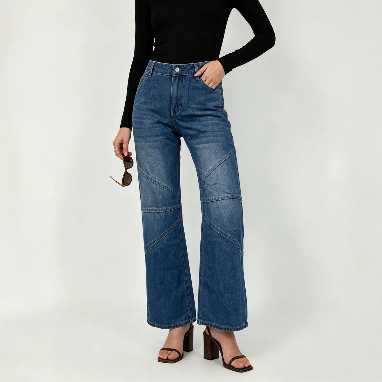 Women's Fashionable Pleated Washed High Street Straight Jeans