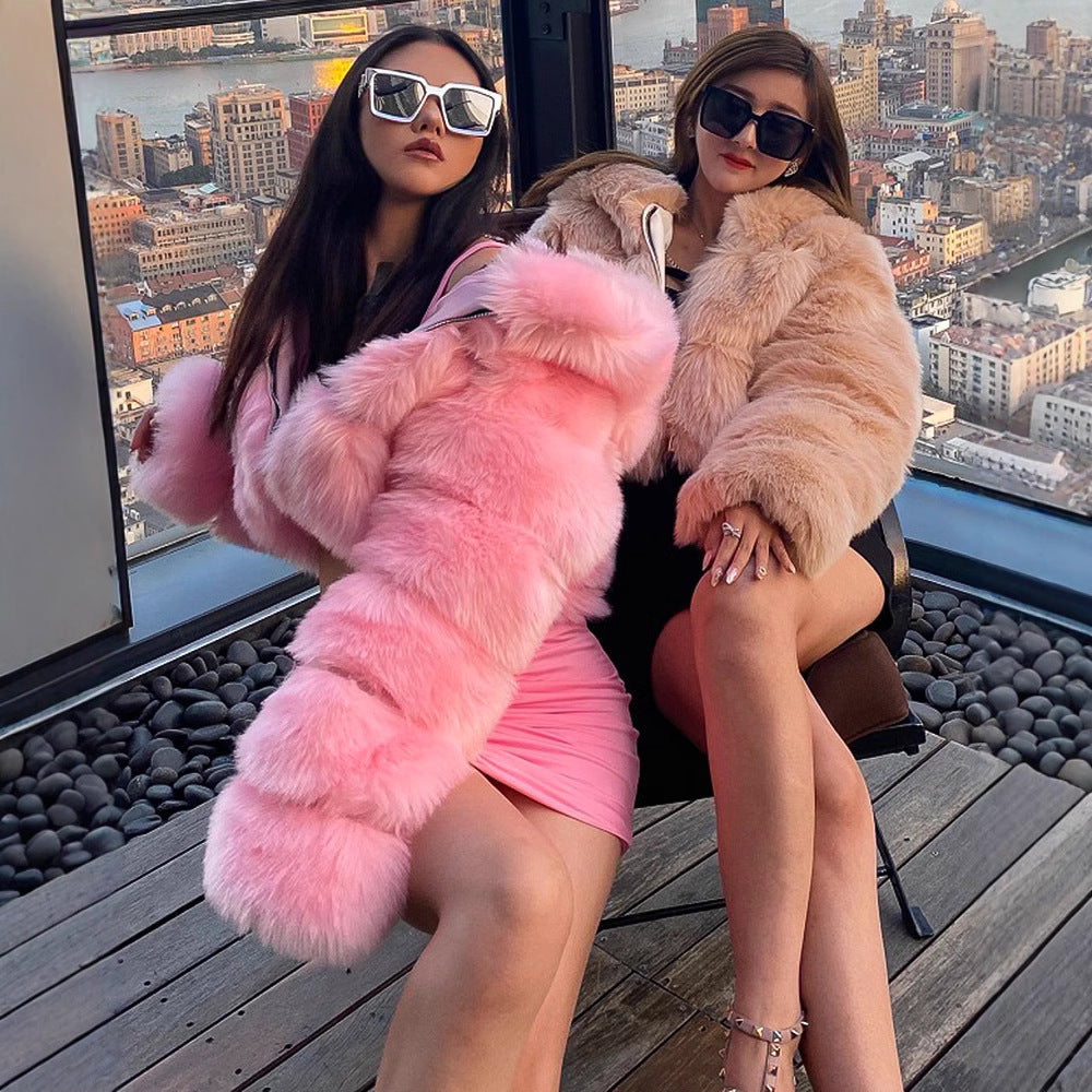 Women's Fox Fur Stitching Hooded Fashion Coats