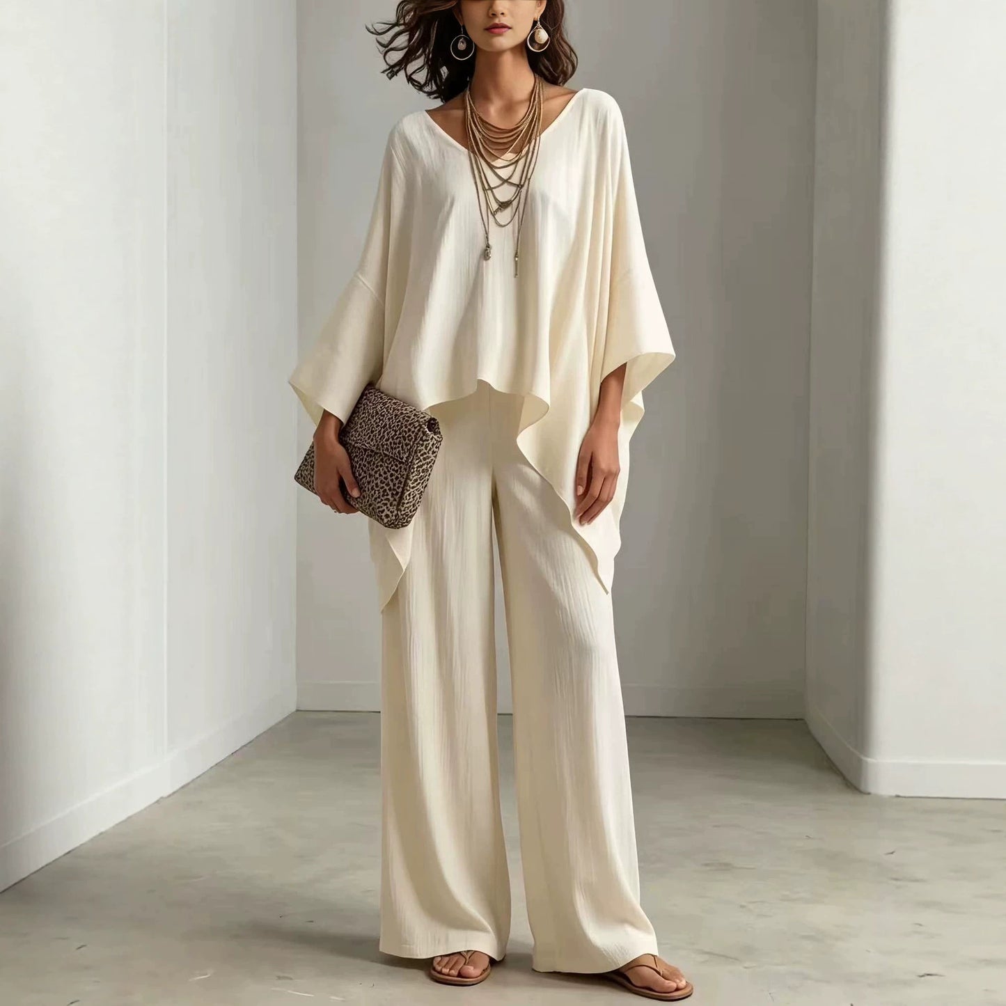 Women's Summer Loose Round Neck Irregular Solid Suits