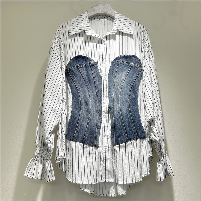 Women's Design Long Sleeve Stitching Denim Waist Blouses