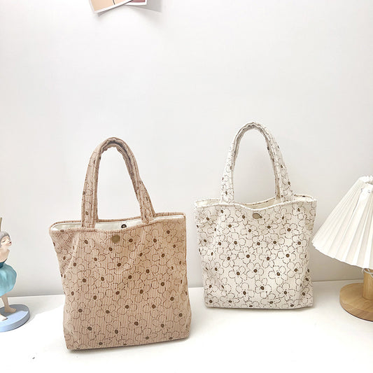 Women's Corduroy Flowers Print Simple Large Capacity Bags