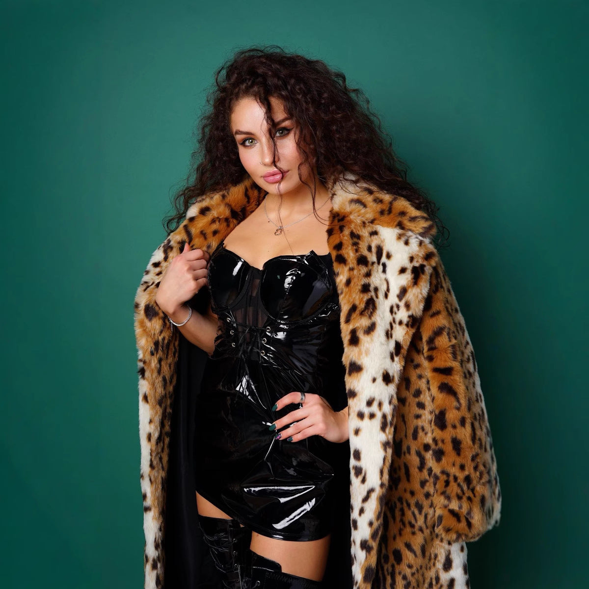 Leather Fur Faux Leopard Extended Artificial Coats