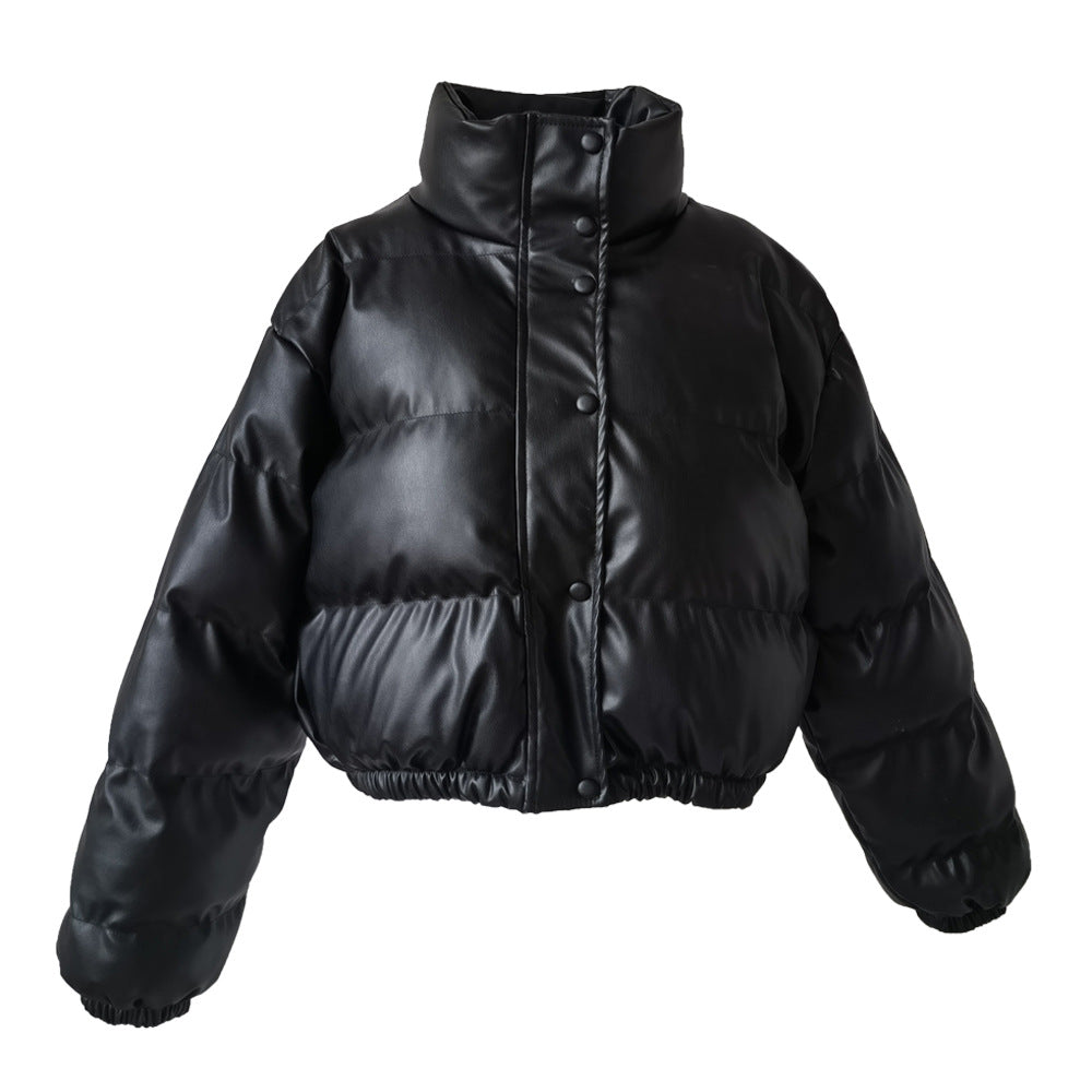 Women's Leather Cropped Stand Collar Cotton Jackets