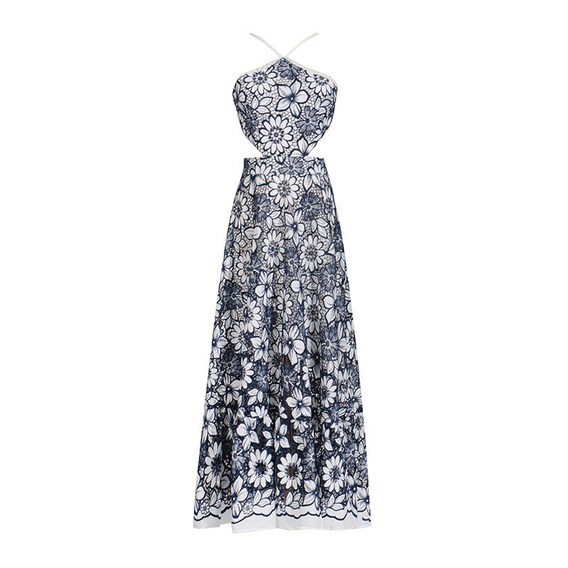 Women's Sexy Autumn Fashion Embroidered Waist Halter Dress