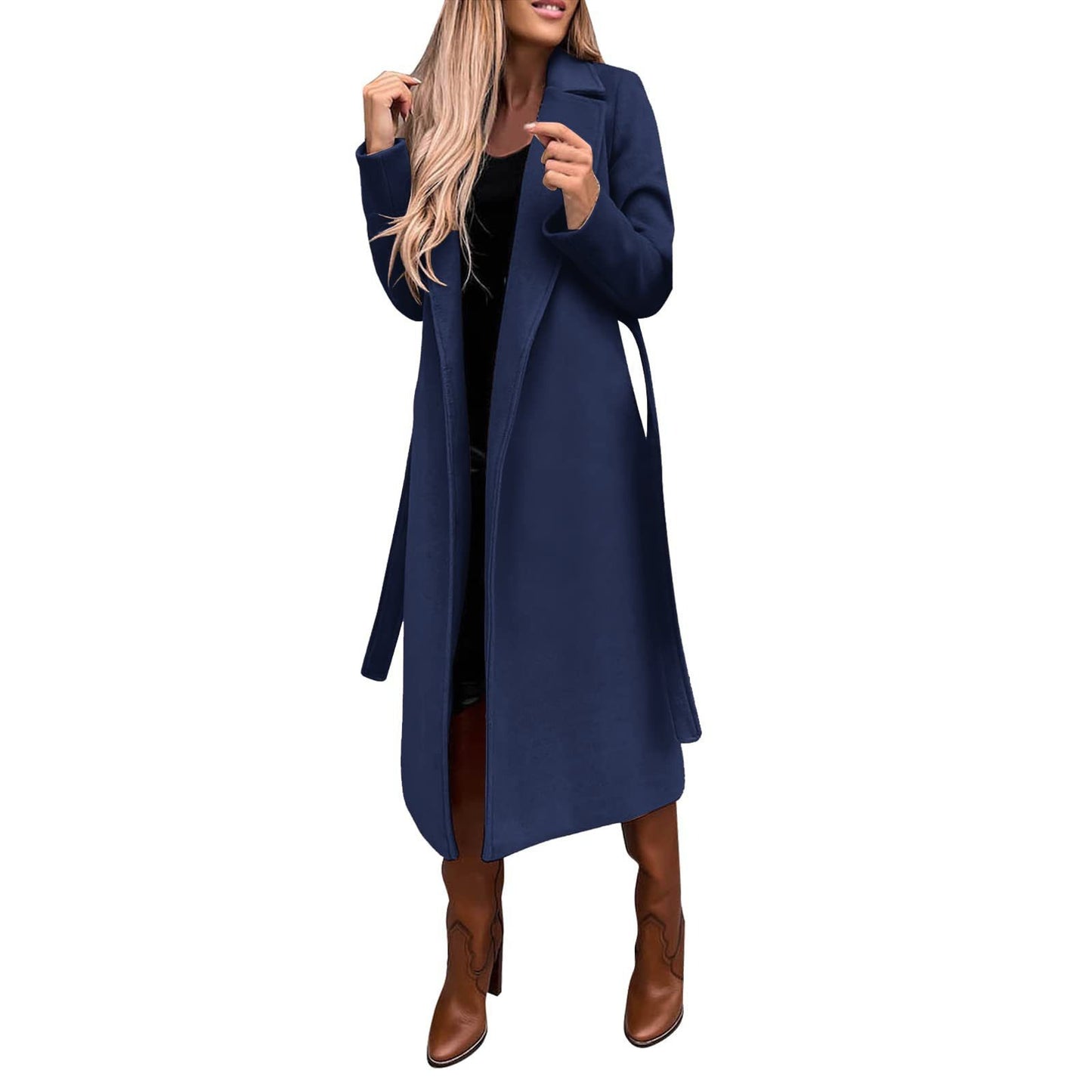 Women's Solid Color Polo Collar Long Sleeve Tied Coats
