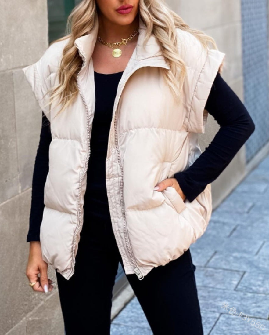 Women's Fashion Solid Color Zipper Pocket Stand-up Vests