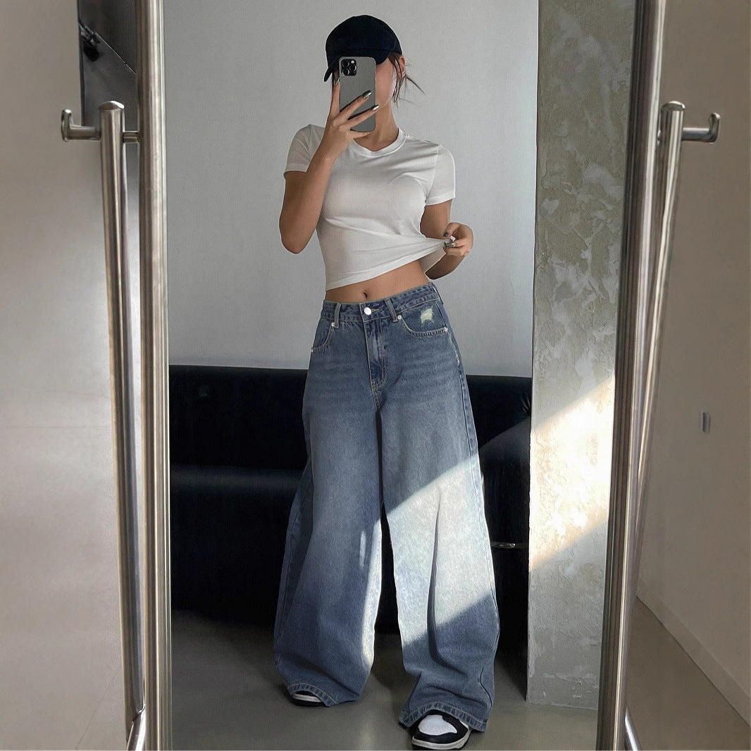 Women's Washed Blue Super Long Mop Loose Hole Women's Jeans