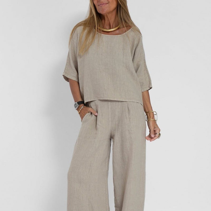 Women's Summer Solid Color Cotton Linen Sleeve Loose Wide Fashion Casual Suit