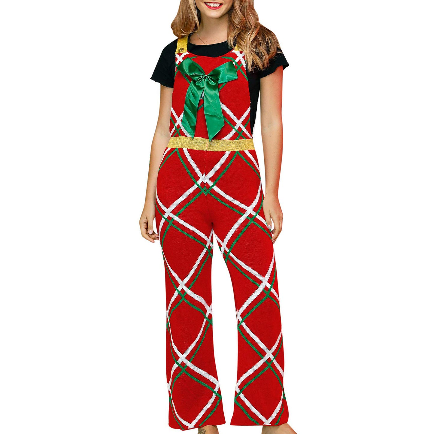 Women's Big Bow Christmas Atmosphere Bib Striped Jumpsuits