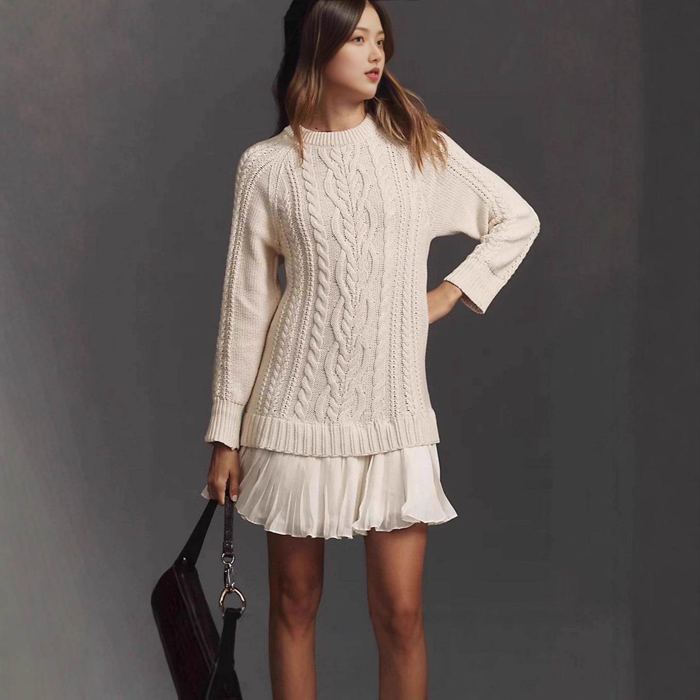 Women's Round Neck Solid Color Long Sleeve Skirts