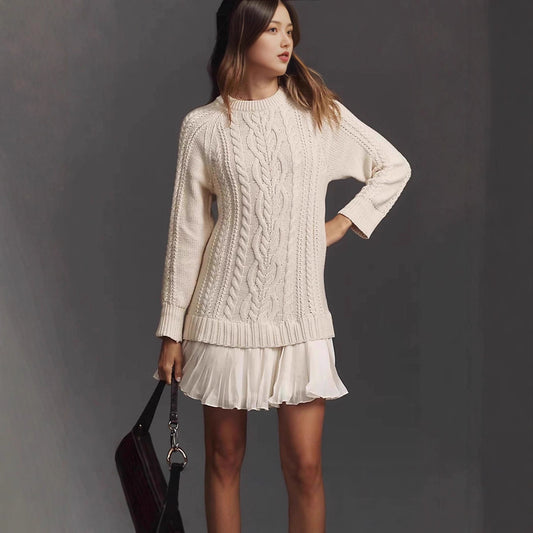 Women's Round Neck Solid Color Long Sleeve Skirts