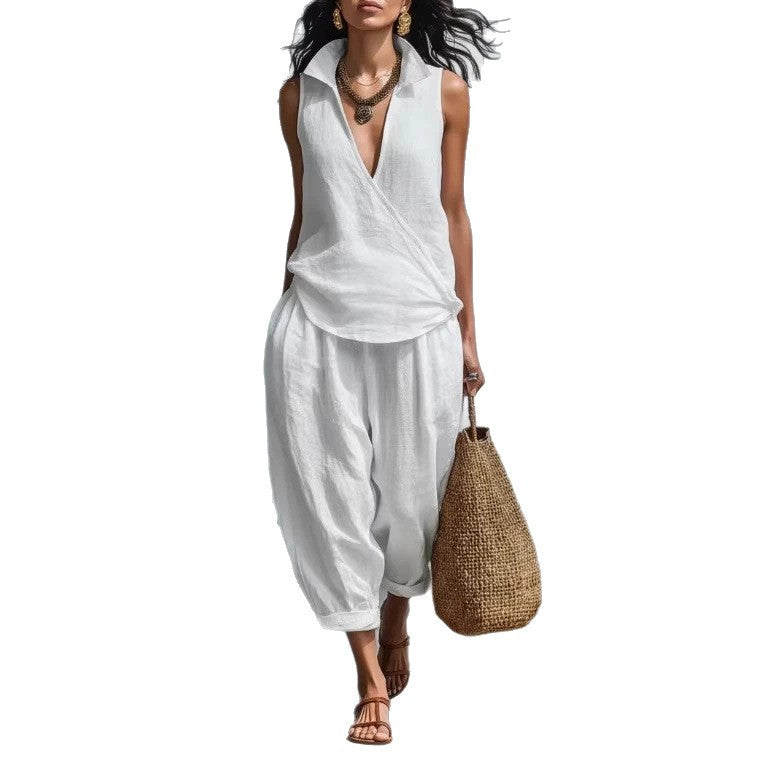 Women's Simple Lapel Shirt Wide Leg Linen Pants