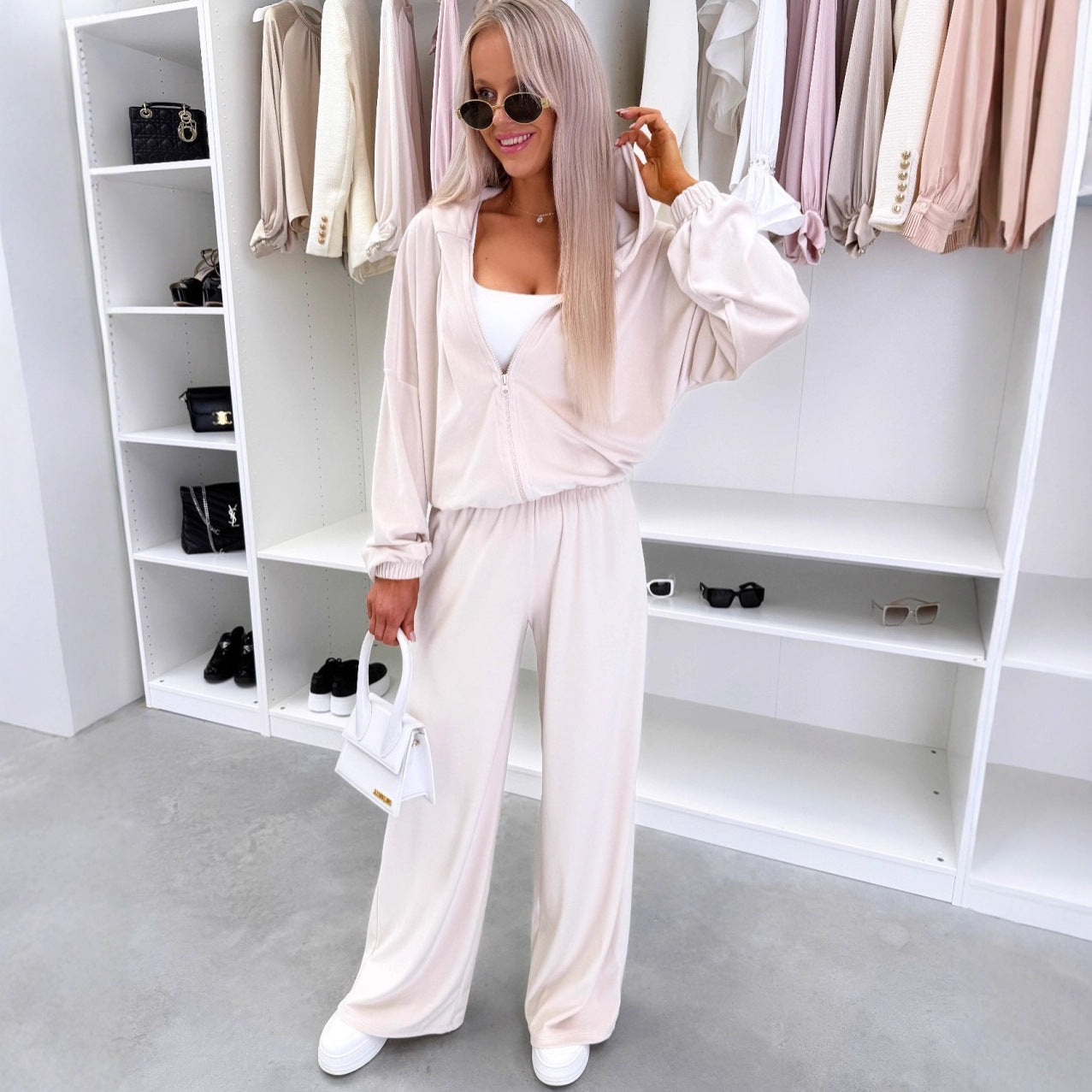Fall Fashion Zipper Hooded Sport Long Wide Suits