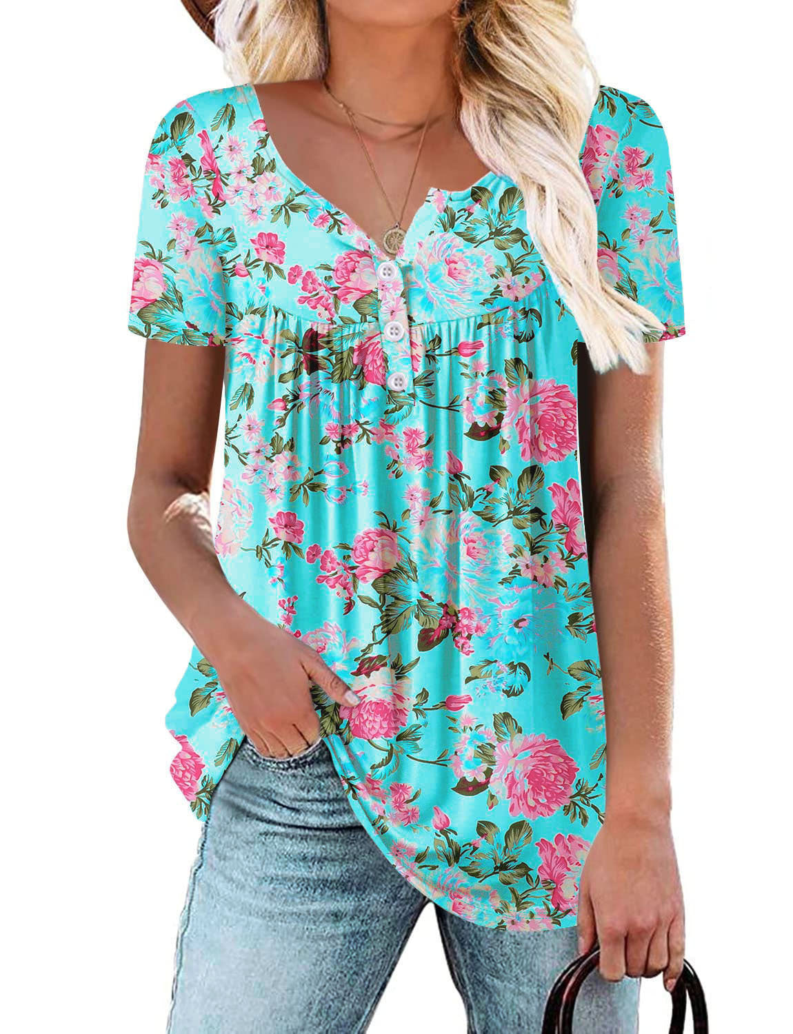 Women's Summer Fashion Button Flower Printed Short-sleeved Tops