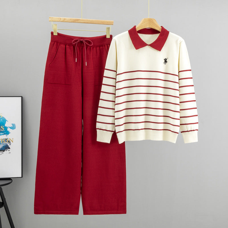 Women's Polo Collar Striped Knitting Loose Temperament Suits