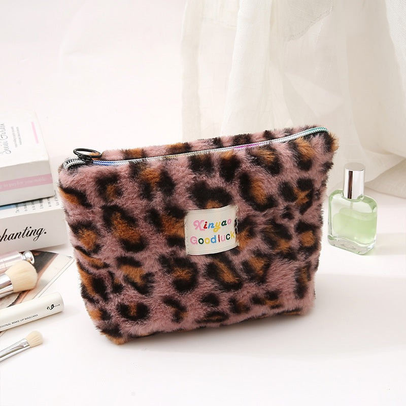 Plush Large Capacity Storage Leopard Print Hand-held Make-up Cosmetic Bags