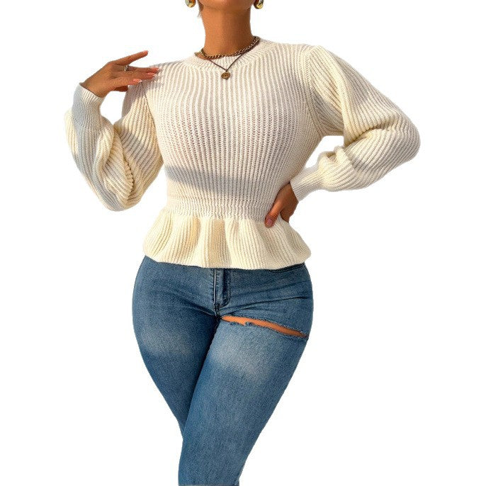 Women's Slimming Wear Temperament Crew Neck Ruffled Sweaters