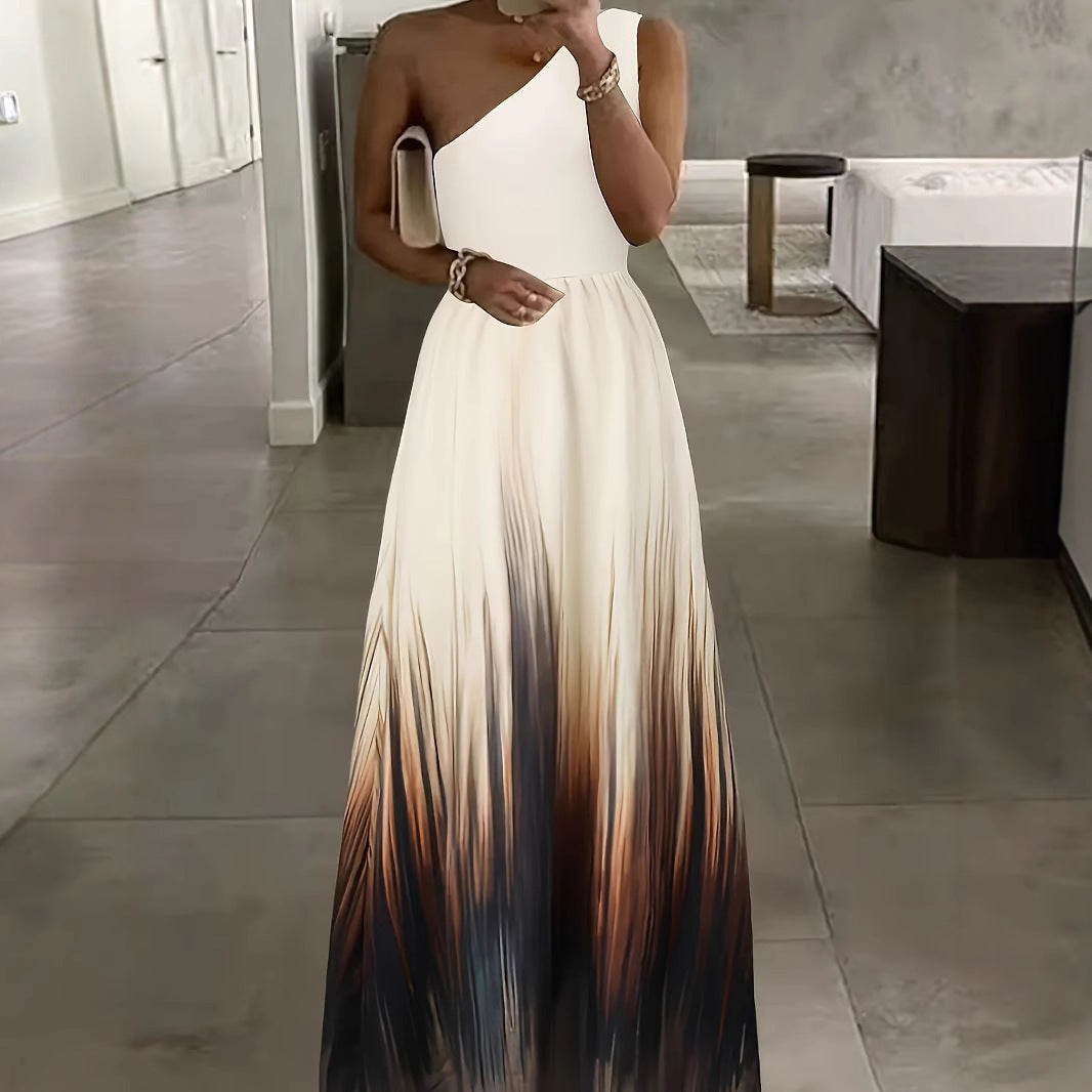 Fashion Gradient Color Sleeveless Slant Shoulder Sexy Party Dress