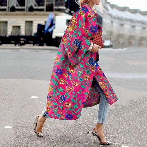 Women's Long Bell Sleeve Printed Loose Trench Coats