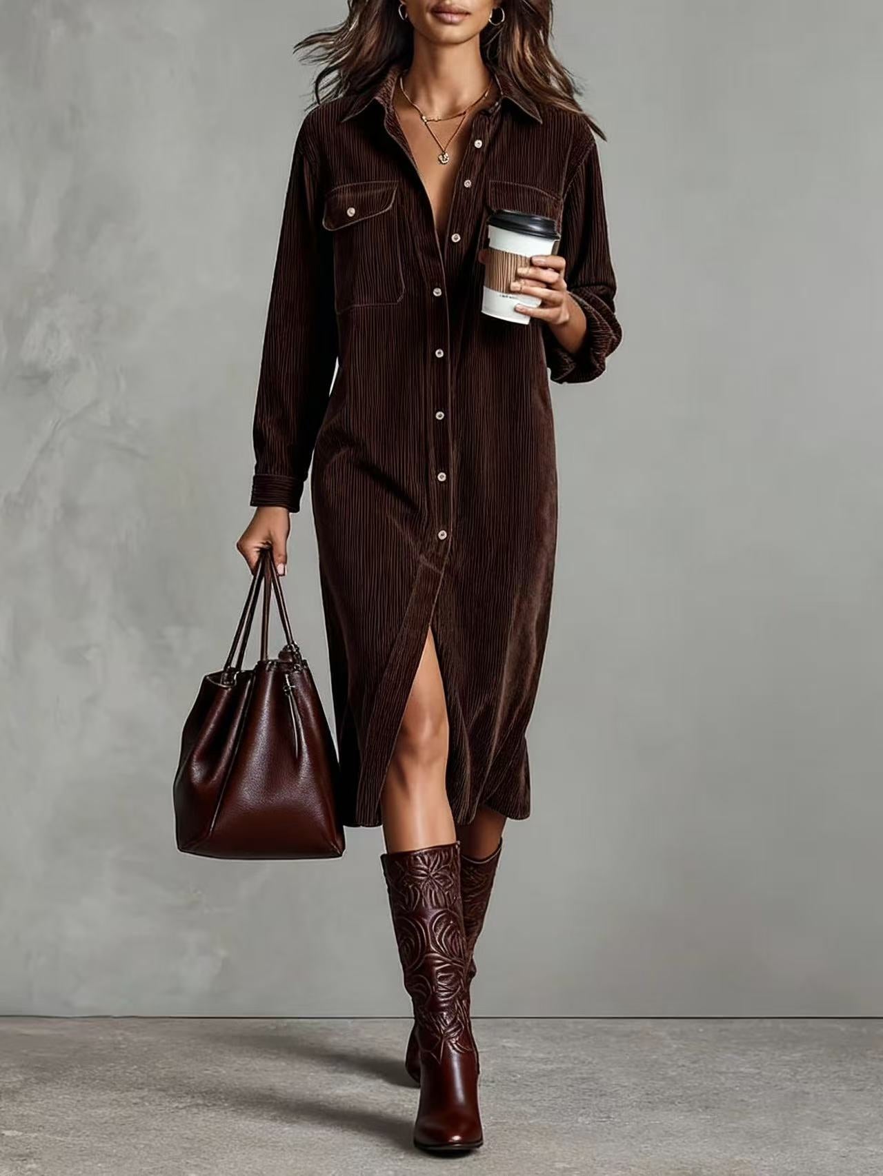 Color Corduroy Long Sleeve Lapel Shirt Dresses