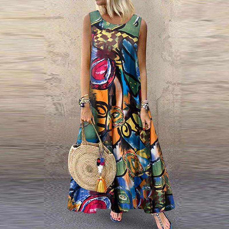 Women's Round Neck Printed Sleeveless Large Long Dress