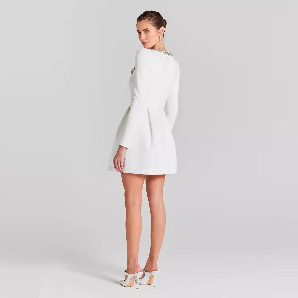 Women's Long Sleeve French Square Collar Rhinestone Dresses