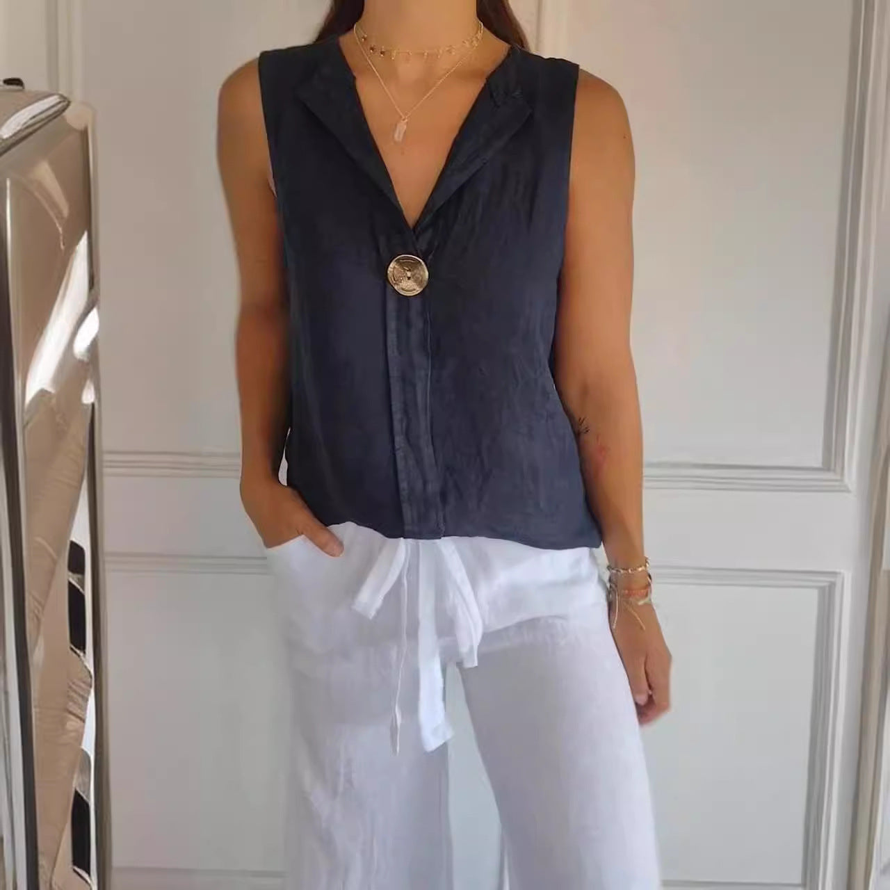Women's Fake Collar Cotton Linen Sleeveless Casual Women's T-shirt