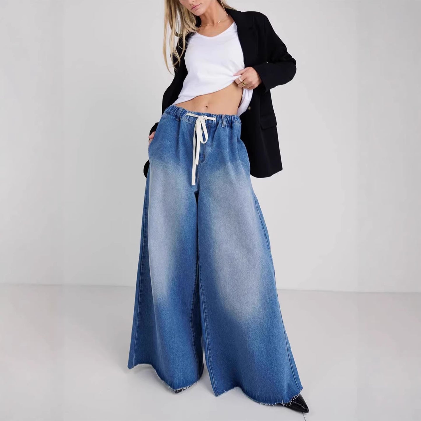 Women's Drawstring Elastic Waist Wide Leg Trousers Women's Jeans