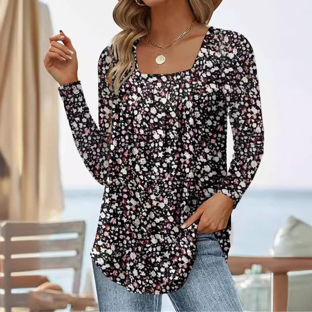 Women's Bohemian Style Ladies Pleated Square Collar Long Sleeve Swallowtail Women's T-shirt