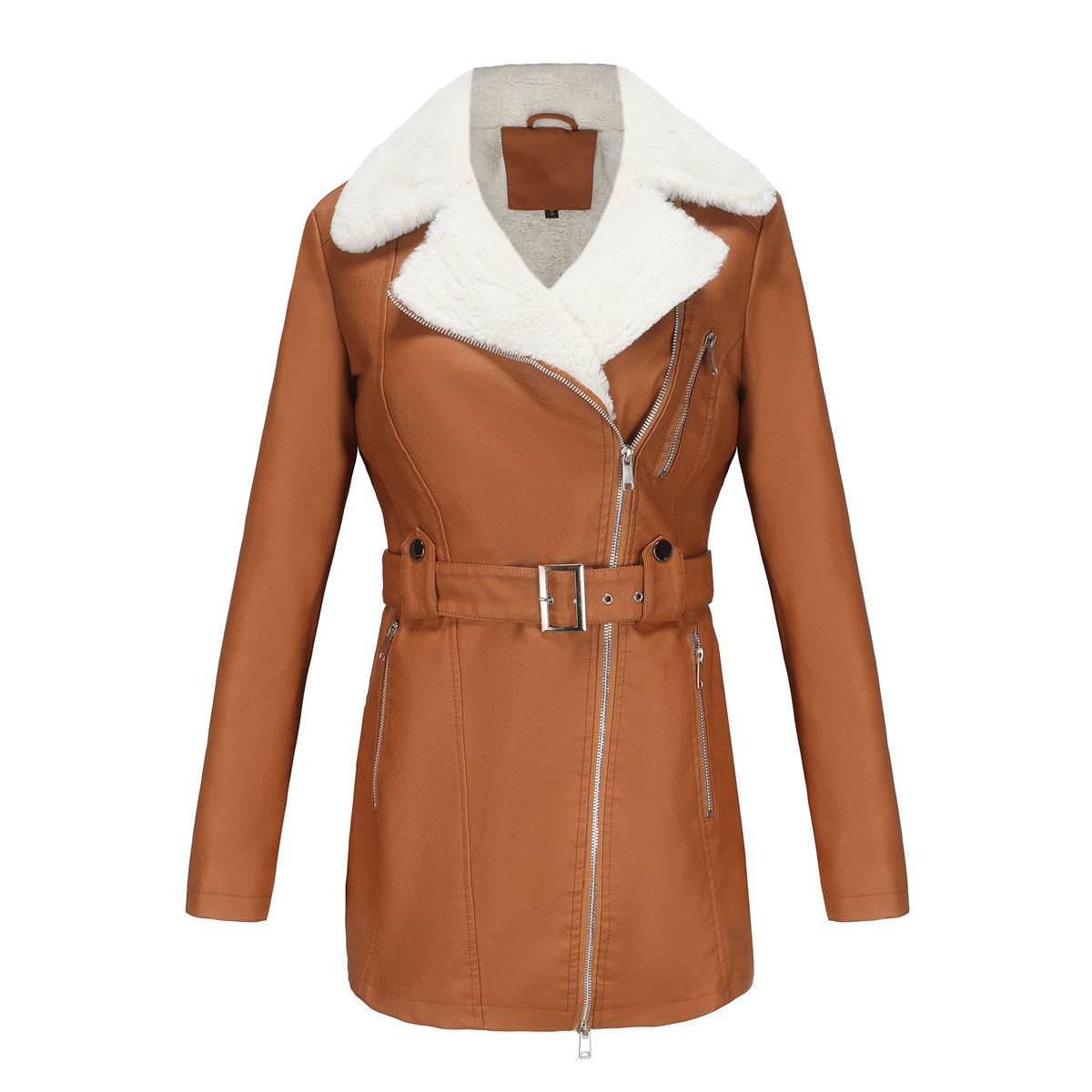 Women's Long Sleeve Fleece Leather Lapel Double-headed Zipper Jackets