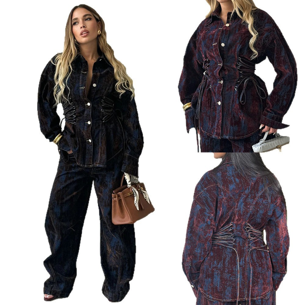 Autumn Design Printed Flocking Contrast Color Suits