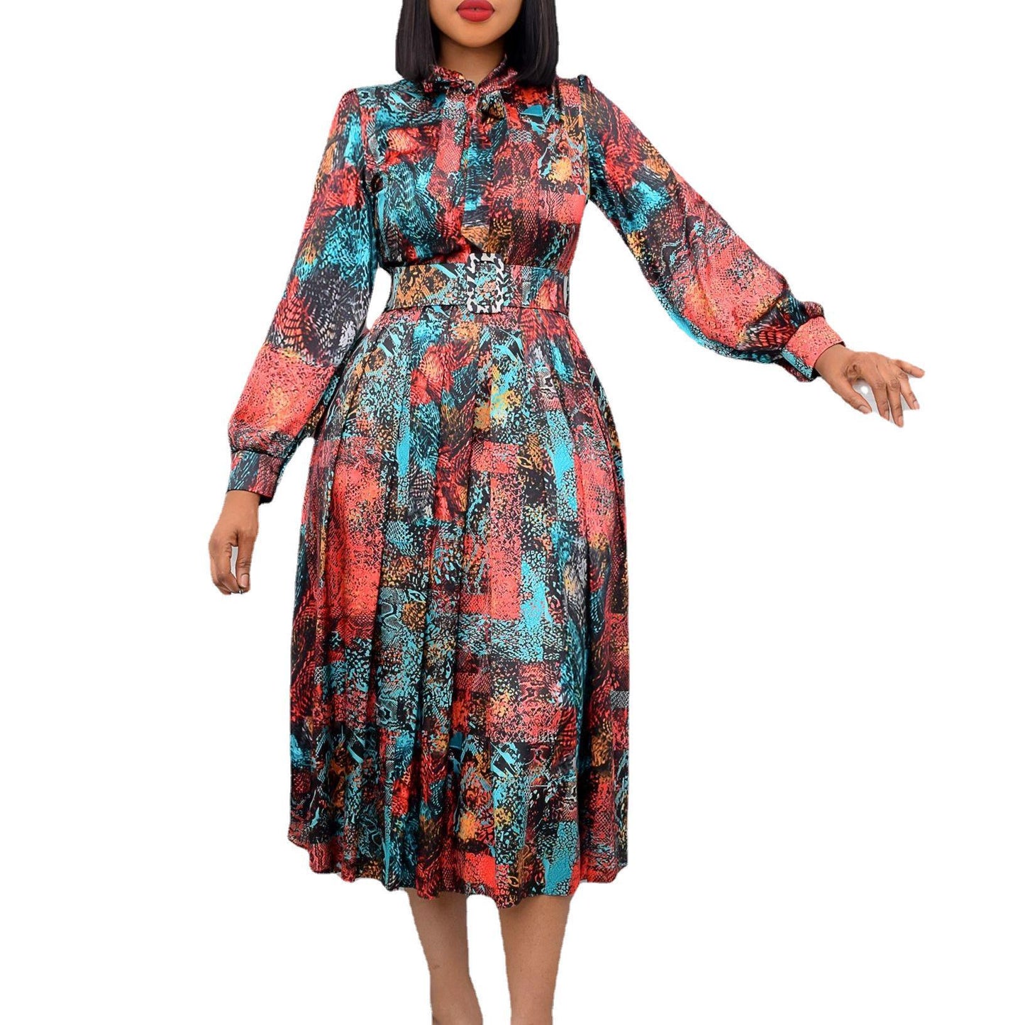 Long Sleeve High Waist Print Banquet Dress