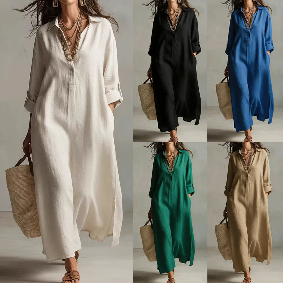 Cotton Linen Dress Solid Color Polo Collar Long Sleeve Fashion Casual Suit