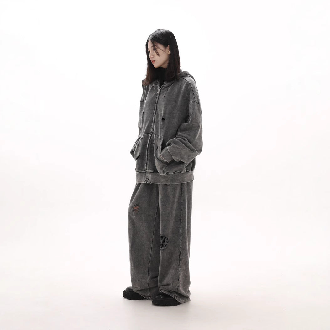 Ripped Long Sleeves Hooded Washed Heavy Sweaters