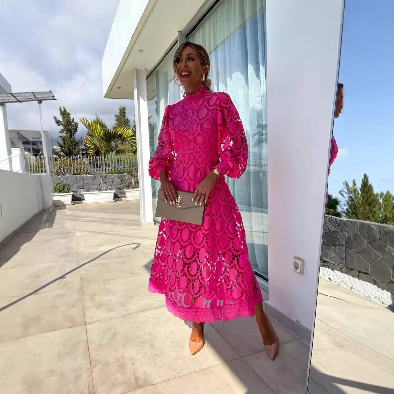 Sexy Hollow Long-sleeved Stand Collar Large Dress