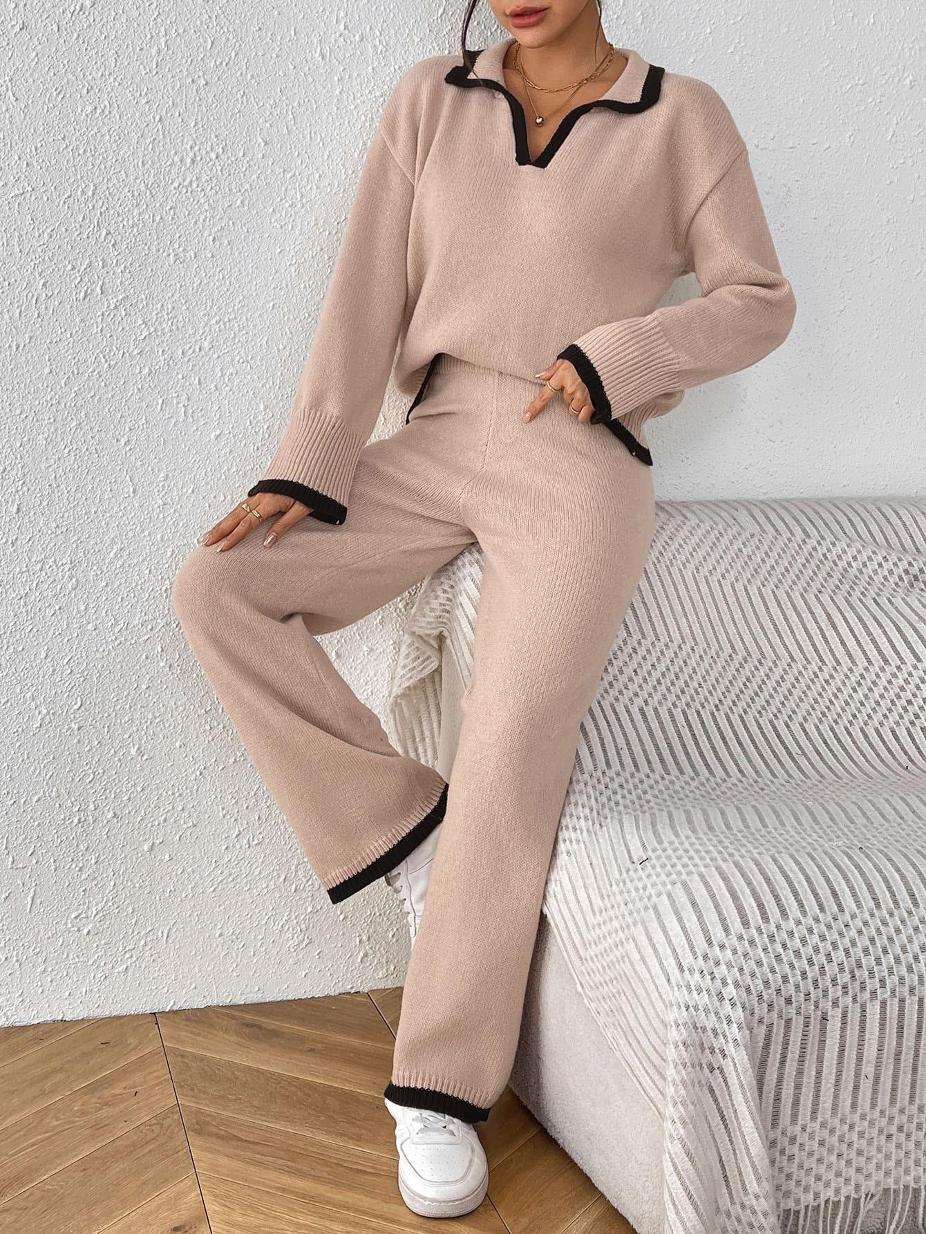 Women's Color Contrast Patchwork Collar Lapel Pullover Sweaters
