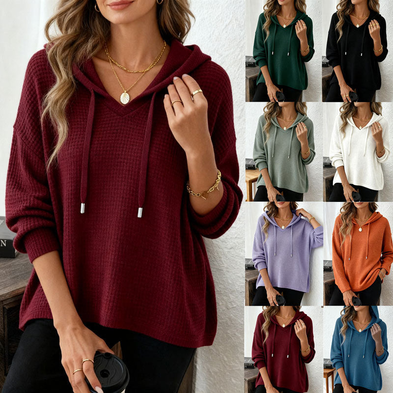Women's Fashion Waffle Pullover Solid Color Hoodie Tops