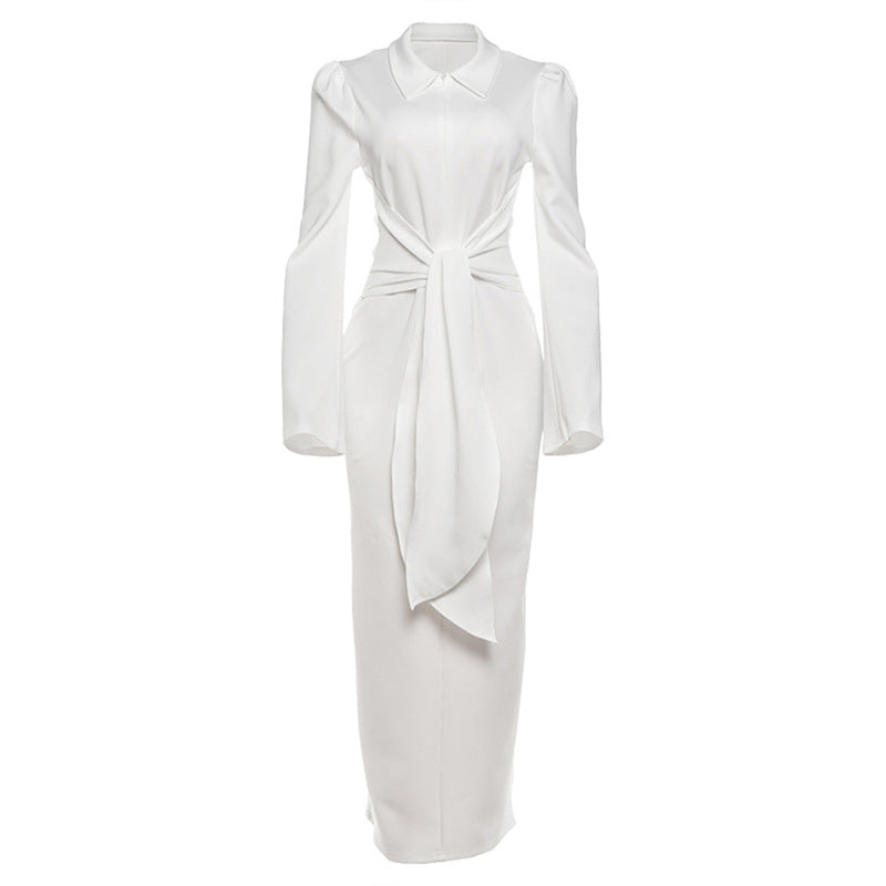 Women's Color Temperament Lapel Waist Tight Lace Dresses